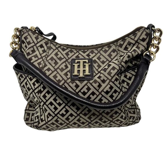 Tommy Hilfiger Brown and Tan Monogram Print Purse Shoulder Bag Gold Chain - Picture 1 of 5